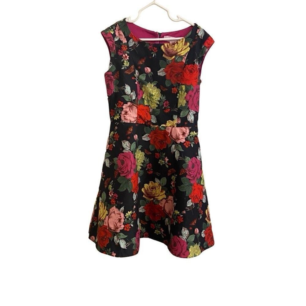 Baker by Ted Baker Black Floral Roses Fit & Flare Satin Sleeveless Dress Size 8